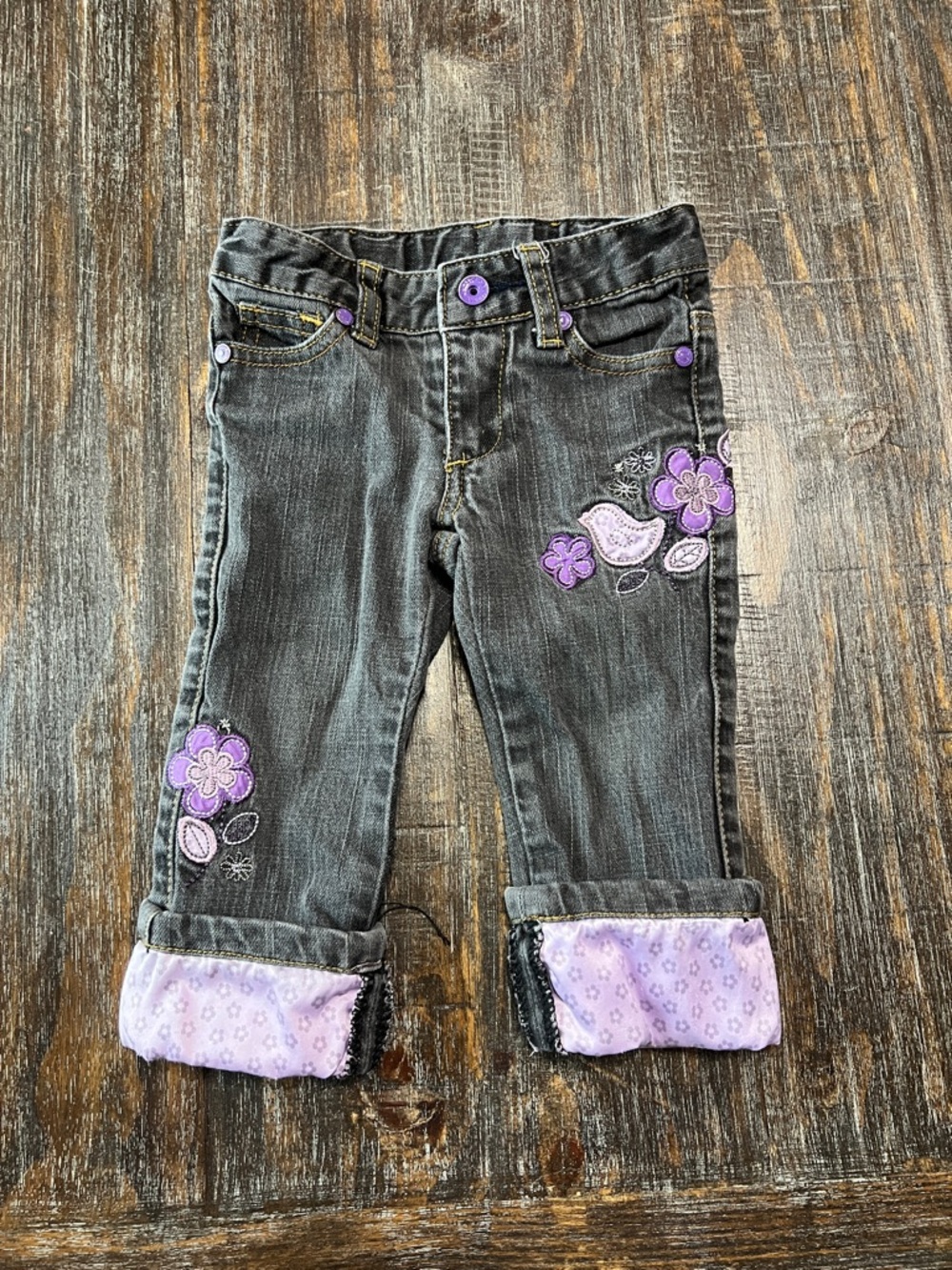 pumpkin patch Gray Denim Jeans with Purple Floral Details